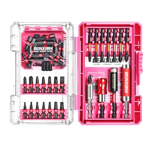 Geinxurn 56Pieces Impact Screwdriver Bits Set, Magnetic S2 Steel Phillips/Slotted/Square/Torx Insert Power Bits Tips, Impact Bit Holder with Pink Storage Box Case - style: STKB056B-PK