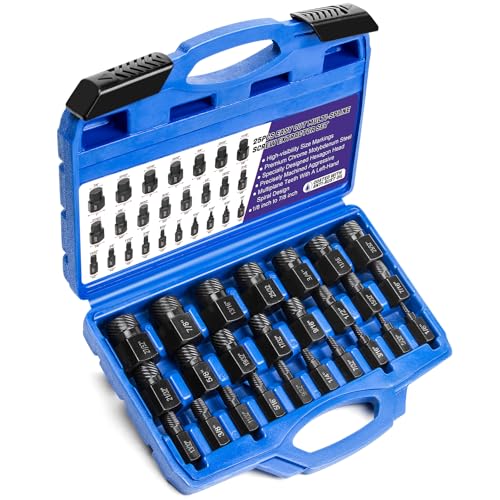 LLNDEI Screw Extractor Set Hex Head Multi-Spline Easy Out Bolt Extractor Set, EZ Out Rounded Screw Remover, 1/8 Inch to 7/8 Inch in 1/32-Inch Increments, CR-MO, 25 Pieces, Stripped Fastener Tool - size: Screw Extractor Set -25pcs