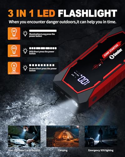Jump Starter, 5000A Battery Jumper Starter Portable, Car Battery Jump Starter, Power Booster Pack 12V Lithium Jump Box with Jumper Cable and LED Lights (All Gas / 12L Diesel Engines)