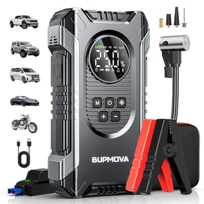 8000A Jump Starter with Air Compressor, 150PSI | For All Gas & 10L Diesel Vehicles. Tire Inflator, Power Bank, LED Light. Portable w/ Storage Case