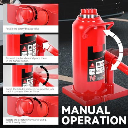 Auto Dynasty 16 Ton Hydraulic Bottle Jack, Automotive Welded Bottle Jack for Car, Pickup Truck, RV, Auto Repair, 9" to 18" Lifting Range (Red) - color: Red, size: 16 Ton