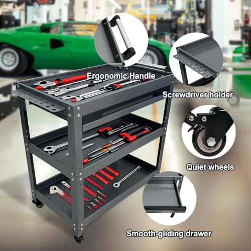 JZD 3 Tier Tool Cart on Wheels with Drawer & Screwdriver Holder, Metal Mechanic Rolling Cart for Garage Auto Repair Shop Factory Kitchen - size: 02