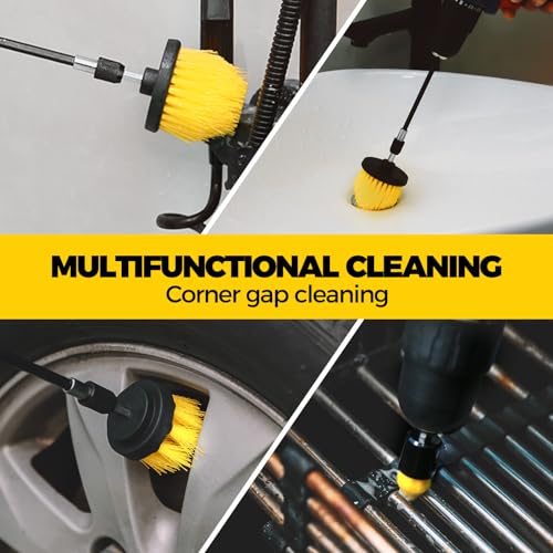 Holikme 10Pieces Drill Brush Attachments Set, Power Scrubber Brush with Extend Long Attachment，Scrub Brush，Shower Scrubber，Cleaning Supplies,Yellow