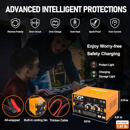 PZP 12V Manual Battery Charger Maintainer, 0 to 10A Arbitrarily Adjustable Car Battery Trickle Charger, Battery Desulfator with Repair, Winter Mode, Suitable for Lawn Mower, AGM, Deep Cycle Batteries - color: Tangerine