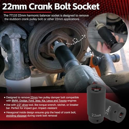 Sunluway 22mm Harmonic Balancer Socket Tool for Toyota Lexus Dodge Jeep and Ford, Deep Counter-weighted Socket, 3 Times Momentum Power of Standard Impact Socket - size: 22mm