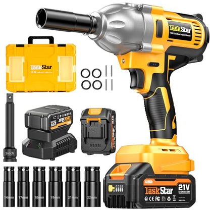 TaskStar Cordless Impact Wrench 740 Ft-lbs(1000N.m) 3300RPM High Torque 1/2 Inch Impact Gun, Electric Impact Driver, Brushless Motor, 2x4.0Ah Battery Fast Charger for Car Tires Truck Mower - style: 4.0 Ah
