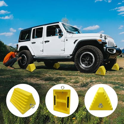 HOXWELL Premium 4 pcs Heavy Duty Wheel Tire Chocks, Vehicle Chocks with Eyebolt for Travel Trailers, Camper, Truck, Car and ATV 4 Pack, Yellow - color: Yellow-4 pcs