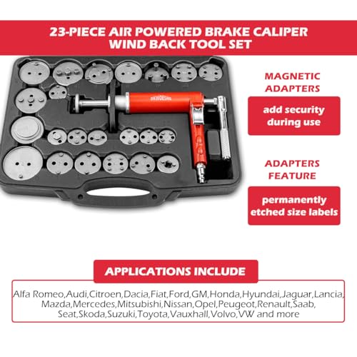 Pneumatic Brake Caliper Compression Tool Kit, Air Operated Disc Brake Piston Wind Back Rewind Tool Set for Automotive Maintenance and Repair