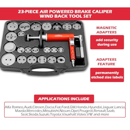 Pneumatic Brake Caliper Compression Tool Kit, Air Operated Disc Brake Piston Wind Back Rewind Tool Set for Automotive Maintenance and Repair