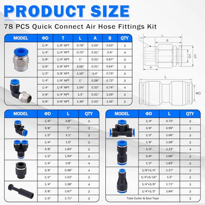 78 PCS Air Line Quick Connect Fittings 1/8" 1/4" 5/16" 3/8" 1/2" Quick Connect Air Hose Fittings Push Lock Fittings Quick Release Pneumatic Kit for Air Compressor Pneumatic System - size: 78PCS