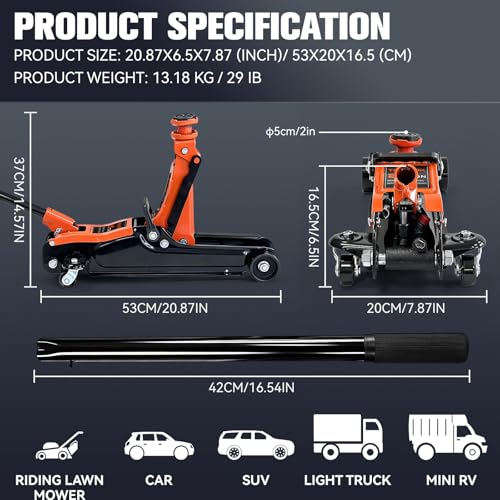 Floor Jack 2.5 Ton (5500 lbs), Low Profile Hydraulic Car Jack with Single Piston Quick Lift Pump, Heavy Duty Steel Racing Floor Jack for Sedan SUV Coupe, Lifting Range 4.53" to 14.57"