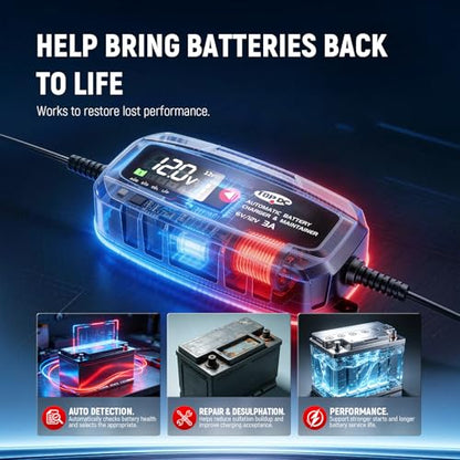 TOPDC 3A 6V/12V Automatic Battery Charger & Maintainer – Smart Trickle Charger for Car, Motorcycle, Boat, Lawn Tractor, RV, ATV – Lead-Acid (AGM/STD/Gel) & LiFePO4 (LFP) – Desulfator & Recondition - size: 3A