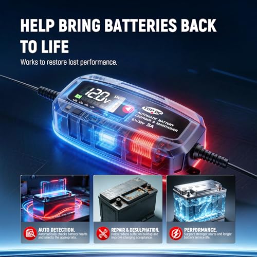 TOPDC 3A 6V/12V Car Battery Charger & Maintainer for AGM and LiFePO4 | 3A automatic charging and maintenance for 6V and 12V car, motorcycle, boat, RV, ATV and lawn tractor batteries. - size: 3A