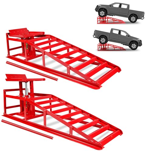 2PCS 5T Hydraulic Car Ramps, Heavy Duty Hydraulic Vehicle Ramps Lift Ramp, Portable Car Ramps for Oil Changes, with Wheel Chock Combo, Car Lifts for Home Garage, Vehicle Auto Garage Repair - color: Red +Wheel Chock (2pcs)