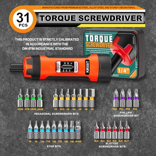 31 PCS 1/4" Drive Torque Screwdriver, 5-55 Inch Pounds Torque Screwdriver Set with S2 Bits and Socket Adapter for Maintenance, Screwdriver Set for Tools, Bike Repairing and Mounting - size: 5-55inch.S