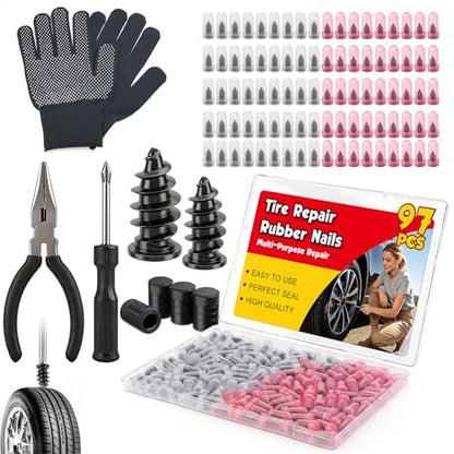 97PCS Tire Repair Rubber Nail Kit, 2 Sizes Spiral Screw-in Tire Plugs, Tire Screw Plugs with Screwdriver, Pliers, Gloves, Fast Self-Service Tool for Car, Truck,Motorcycle,Tractor Tire Puncture Repair - size: 97PCS