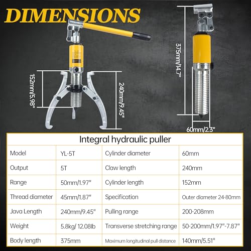RATTMMOTOR YL-5T Hydraulic Gear Puller 5 Ton Max. 50mm Stroke | 2 or 3 Jaw 9.45" Puller Bearing Hub Separator Tool Kit