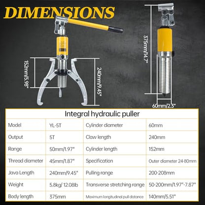 RATTMMOTOR YL-5T Hydraulic Gear Puller 5 Ton Max. 50mm Stroke | 2 or 3 Jaw 9.45" Puller Bearing Hub Separator Tool Kit