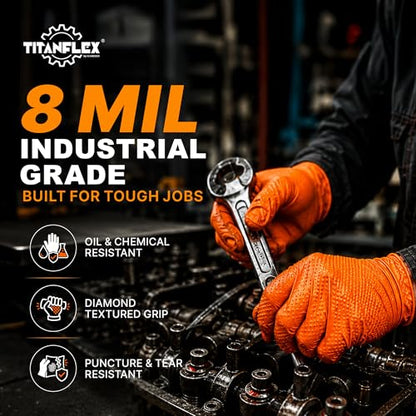 TitanFlex Heavy Duty Industrial Orange Nitrile Gloves, 8-mil, Gloves Disposable Latex Free with Raised Diamond Texture Grip, Powder Free, Rubber Glove, Mechanic Gloves,100-ct Box (Medium) - color: 02 8mil (100ct), size: Medium