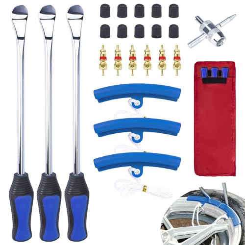 12.2 Inch Tire Spoons, Dirt Bike Tire Changing Tools, Tire Changing Kit, Tire Removal Tool, with Rim Protector, Valve Tool, Valve Cores and Caps, for Motorcycle/Lawn Mower/Tractor/Bicycle (Blue) | Tire Removal Tool, with Rim Protector, Valve Tool, Valve C