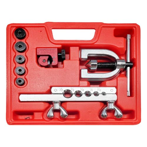 Double & Single Flaring Tool Kit, 45 Degrees Flaring Tool with Tube Cutter and Extra Adapters, Professional Brake Line Brass Tubing Tools Kit for Fuel HVAC Systems Repair