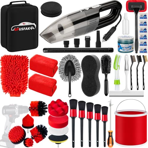 44Pcs Car Wash Cleaning Kit with Detailing Brushes Car Vacuum Drill Brush Set Collapsible Bucket Windshield Cleaning Tool Tire Brush Towels Complete Interior Exterior Detailing Set for Car - size: 44Pcs