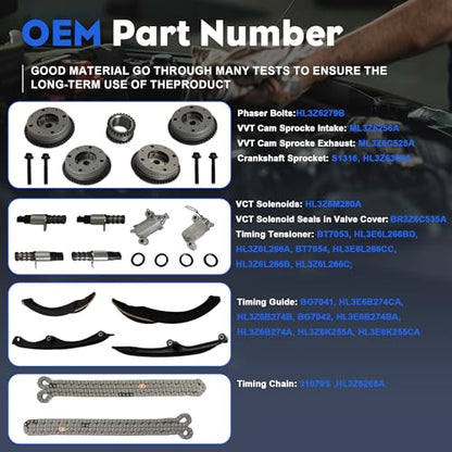3.5L Timing Chain Kit Phasers Kit VVT Gear VCT Solenoid Guides Tensioners | Fit For Ford F-150 Ecoboost Expedition Lincoln Navigator 3.5L V6 2017-2024 OE#HL3Z6B274A HL3Z6268A 3-1079S