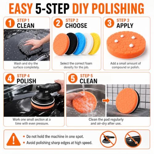 7 Inch Polishing Pads, 5PCS Foam Buffing Pads for DA Polisher | 5PCS Foam Polishing Pads for DA Polisher, Car Paint Correction, Scratch & Swirl Removal, Hook and Loop Backing