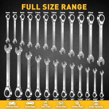 ELEAD 24-Piece Ratcheting Wrench Set, Metric 6-18mm & SAE 1/4"-3/4", 12-Point 72-Tooth CR-V Steel Combination Wrenches with Tool Roll Bag and Magnetic Wrench Organizer for Automotive Repair - color: 24-piece Ratchet Yellow&black