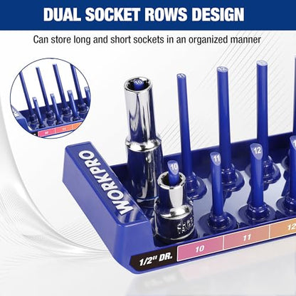 WORKPRO Socket Organizer Set, 8PC Socket Holder, 1/4", 3/8", 1/2" Drive Metric & SAE Socket Trays, Impact Socket Organizer for Tool Box Drawer, Socket Storage Holds 176 Pieces (Socket not Included) | Fits Impact Sockets, Metric & SAE Socket Trays, Holds 1