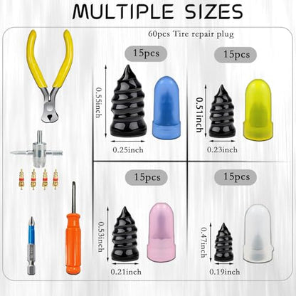 60Pcs Tire Repair Rubber Nails Kit with 4 Sizes, Vacuum Tire Repair Rubber Nail Screw in Tire Repair Plugs, Tire Screw Plug Repair Kit, Quick Self-Service Tire Repair Tools for Car, Motorcycle, Truck