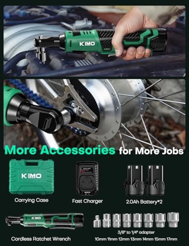 KIMO Cordless Electric Ratchet Wrench Set, 40Ft-lbs, 400RPM, 12V Cordless Ratchet Wrench 3/8" w/7Sockets, 1/4" Adapter, Infinitely Variable Speeds, Forward/Reverse Switch, 2x2.0 Battery & Fast Charger