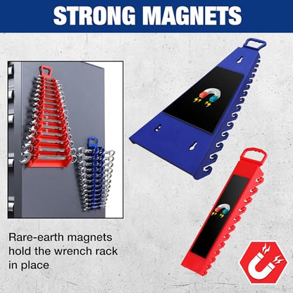 WORKPRO 4-Pack Magnetic Wrench Organizer,15-Slot and 12-Slot Gripper Holder | for Tool Boxes, Flexible Gripping Teeth and Carrying Handle, Fit for SAE and Metric, Blue, Red - style: Gripper Wrench Organizer(4PC)