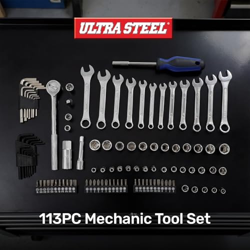 113PC Professional Mechanic Tool Set, Ratchet, Sockets | Wrenches, Hex Keys, Bits, Blow Mold Case, DIY, Home, Repair, Electronics, Garage, Workshop, Precision, Fastening