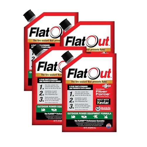 FlatOut Tire Sealant Outdoor Power Equipment Formula - Prevent Flat Tires, Seal Leaks, Contains Kevlar, 32-Ounce Bottle, 4-Pack… - size: 4-Pack (128 oz)