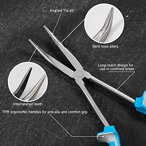 SPEEDWOX Long Reach Bent Nose Pliers 11 Inches 45 Degree Precision Fine Pliers for Mechanics Technicians Contractors High Leverage Professional Tool Non-slip TPR Handle Serrated Jaws - style: 45°Bent Nose Pliers