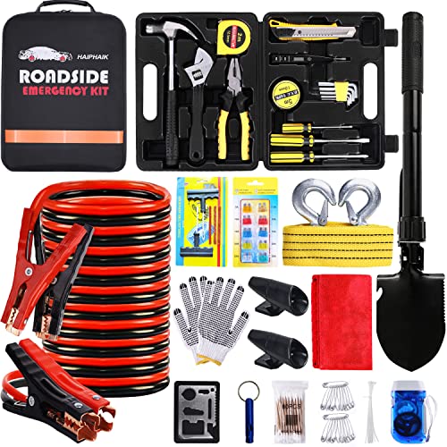 Car Emergency Roadside Kit Car Safety Kits for Vehicles with Jumper Cables | Premium Roadside Assistance Kit for Cars with Tow Strap Folding Shovel Car Tool Kit, New Car Gift for Travel and Breakdowns - size: XXXL-04