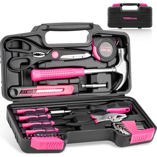 THINKWORK Pink Tool Set - 40 Piece General Household Hand Tool Kit with Storage Toolbox, Small Basic Tool Set Perfect for DIY, Home, Office, Garage and College Dormitory Use - Christmas Gift for Women - color: Light Pink