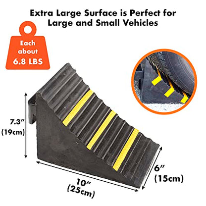 2 Pack Black Heavy Duty Extra Large Solid Rubber Wheel Chock with Portable Handle for Travel Trailer, Truck, Commercial Vehicle and RV, 9.5 Inches x 6 Inches x 7 Inches