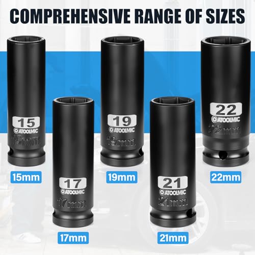 5 PCS Metric Impact Socket Set 1/2" Square Drive,Deep 15mm, 17mm,19mm,21mm,22mm Allen Sockets,CR-MO Alloy Steel,6 Point Radius Corner Design,Rugged Construction,With Storage Red Case - size: 1/2" Metric 5pc