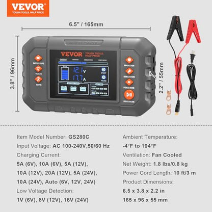 VEVOR Smart Battery Charger, 20-Amp, Lithium LiFePO4 Lead-Acid (AGM/Gel/SLA) Car Battery Charger with LCD Display, Trickle Charger Maintainer Desulfator for Boat Motorcycle Lawn Mower Deep Cycle - size: 20A