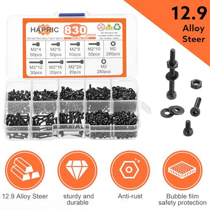 830 Pcs M2 Screws Kit Metric Bolts Kit M2*4mm/6mm/8mm/10mm/12mm/16mm/20mm Machine Screw Kit, 12.9 Alloy Steel Black Zinc Plated Hex Socket Head Screws Nuts Bolts and Washers Set - color: Black, size: M2x4-20mm 830Pcs