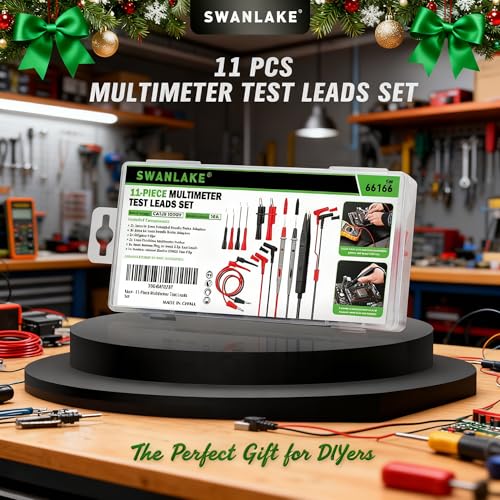 SWANLAKE 11-Piece Multimeter Test Leads Set, CAT III 1000V 20A Multimeter Probes with Alligator Clips, Needle Probe, Banana Plug to Hook Clip, Soft PVC Volt Meter Lead - color: 11PCS Red&Black