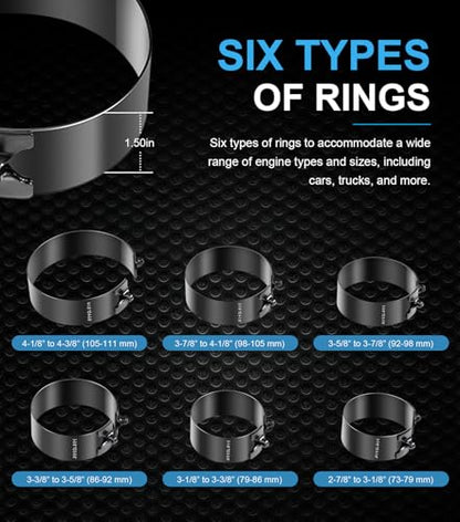 Piston Ring Compressor Tool Set 940387 with Compression Plier and 6 Piston Rings from 2-7/8" to 4-3/8", Used for Car Engine, Vehicle Maintenance Clamps, Ratchet Pliers, Storage Case