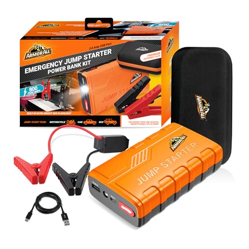 Armor All Car Jump Starter Emergency Power Bank Kit, 800 Amp Peak, 2.4 Amp Phone Charge USB Port, LED Light, Strobe, SOS, Overcharge & Discharge Protection, 7200mAh, For Cars Trucks Motorcycles & More