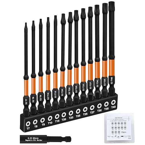 4’’ Long Impact Torx Bit Set 13pcs (TT7-TT40), S2 Steel Security Torx Bit Set, CNC Machined Tips tamper proof star bits, 1/4 ‘’ Hex -Shank torx bits with magnetic bit holder and Storage Box