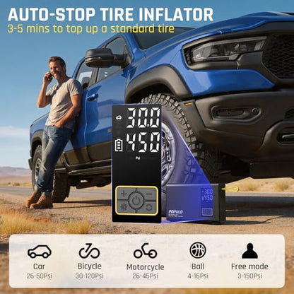 POPULO Car Jump Starter with Air Compressor, 12V 59.2Wh Portable Booster Pack Box with 150PSI Digital Tire Inflator, Extended Smart Clamps, 3000A 4-in-1 Auto Battery Starter (All Gas/12L Diesel)