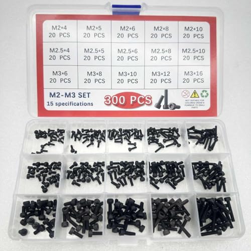 Button Head/Hex Socket/Phillips Flat Head Screws Assortment - Furniture, Auto, Home Repair Fastener Kit (300PCS M2-M3 Hexagon Screws Set - Black) - color: 300PCS M2-M3 Hexagon Screws Set - Black