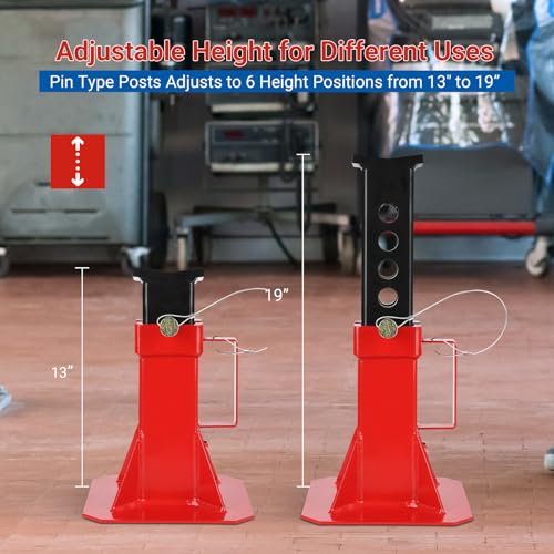 Heavy Duty Pin Type Professional Car Jack Stand with Lock, Automotive Jack Stands for Supporting Trucks Trailers Car, Adjustable Height 13"-19", 22 Ton (44,000 Lb) Capacity, Red, 1 Pair
