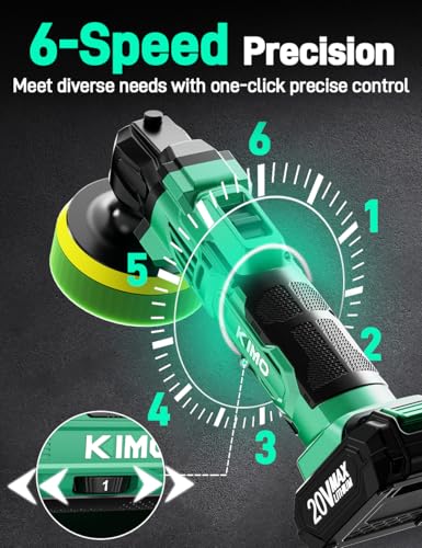 KIMO 20V Cordless Buffer Polisher Kit, 25Pcs Polishing Kit, 6 Speeds to 6000RPM Cordless Polisher with 2*2000mAh Batteries, 4 Inch Buffer Polisher for Car, Motorcycle, Truck Detailing, Scratch Remover